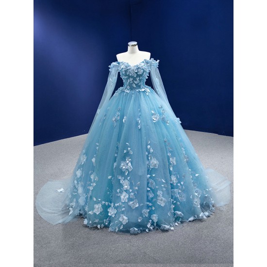 Cape Sleeve Ice Blue Prom Dresses 3D Flowers Formal Party Dress Special Occasion Gowns For Women