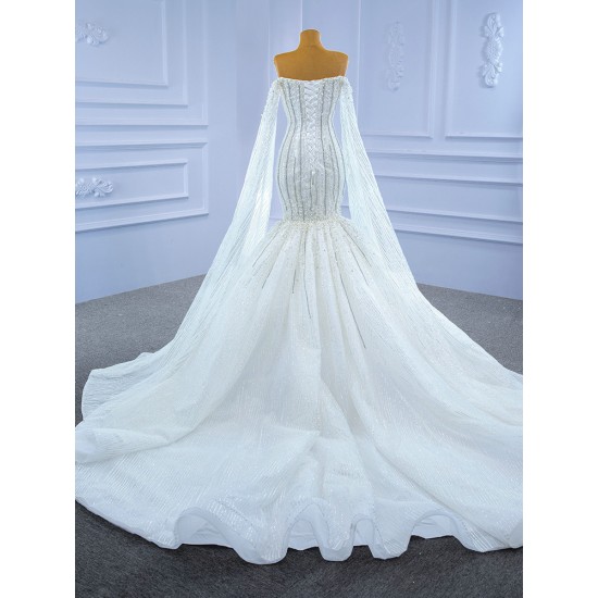 Cape Sleeve Mermaid White Wedding Dress Strapless Bridal Gowns Sweep Train Vestido de Novia