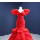 Cape Sleeve Red Mermaid Prom Dresses For Women 2024 Floor Length Formal Tiered Evening Party Gowns