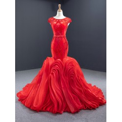 Cape Sleeve Red Prom Dresses For Women 2024 Sleeveless Ruffled Mermaid Evening Gowns Vestido de Festa