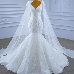 Cape Sleeve Wedding Dress Lace V Neck Wedding Gown Backless With Lace Up Mermaid Dresses 2024