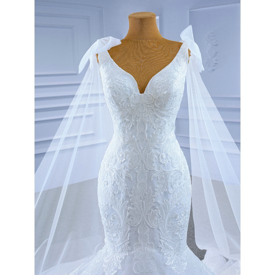 Cape Sleeve Wedding Dress Lace V Neck Wedding Gown Backless With Lace Up Mermaid Dresses 2024