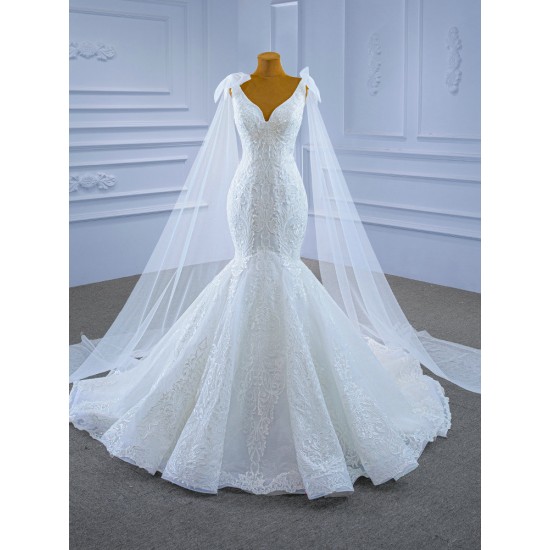 Cape Sleeve Wedding Dress Lace V Neck Wedding Gown Backless With Lace Up Mermaid Dresses 2024