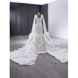 Cape Sleeve Wedding Dress Ruffled Bride Gown Satin Black Girl Women Dress