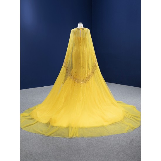 Cape Sleeve Yellow Evening Dresses Luxury Dubai Sequin Long Women Formal Party Dress