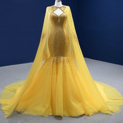 Cape Sleeve Yellow Evening Dresses Luxury Dubai Sequin Long Women Formal Party Dress