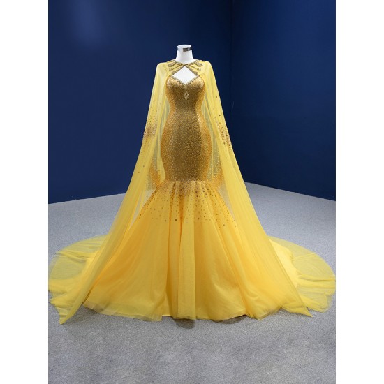 Cape Sleeve Yellow Evening Dresses Luxury Dubai Sequin Long Women Formal Party Dress