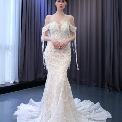 Chandelier Sleeve Mermaid Wedding Dresses For Women 2024 Pearl Bridal Gown Luxury Vestido De Novias