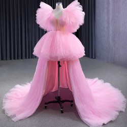 Chiffon Pink Prom Dresses Puff Sleeve Evening Dress A Line Birthday Party Dress