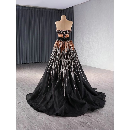 Classic Black Prom Evening Dresses Strapless Party Prom Dress A Line Floor Length Prom Gowns Plus Size