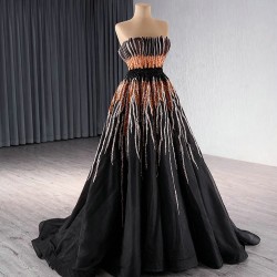 Classic Black Prom Evening Dresses Strapless Party Prom Dress A Line Floor Length Prom Gowns Plus Size