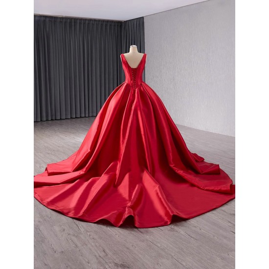 Classic Red Evening Dress Sleeveless Robe de Mariage V Neck Saudi Arabic Prom Gowns