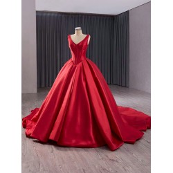 Classic Red Evening Dress Sleeveless Robe de Mariage V Neck Saudi Arabic Prom Gowns