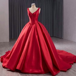 Classic Red Evening Dress Sleeveless Robe de Mariage V Neck Saudi Arabic Prom Gowns