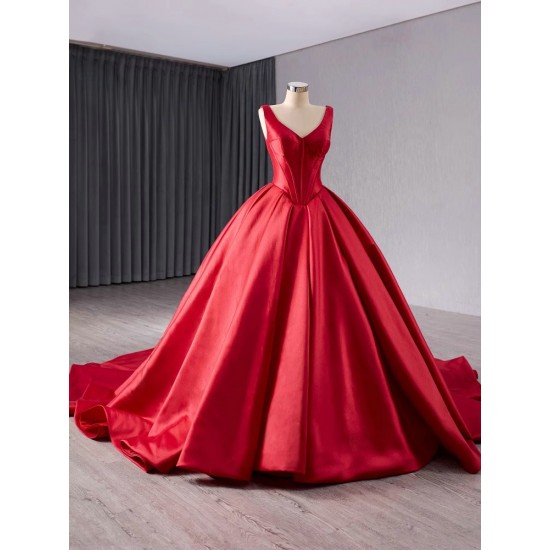 Classic Red Evening Dress Sleeveless Robe de Mariage V Neck Saudi Arabic Prom Gowns