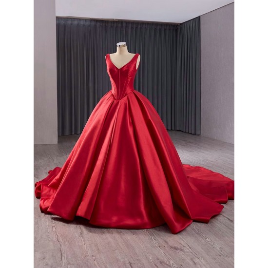 Classic Red Evening Dress Sleeveless Robe de Mariage V Neck Saudi Arabic Prom Gowns