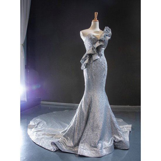 Classy Sequin Silver Evening Maxi Dresses 2024 Sleeveless Mermaid Formal Prom Gowns For Women Party