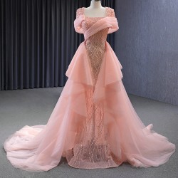 Coral Mermaid Evening Gowns Tulle Formal Prom Dresses Square Collar 2024 Women Speical Party Dress