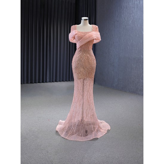 Coral Mermaid Evening Gowns Tulle Formal Prom Dresses Square Collar 2024 Women Speical Party Dress