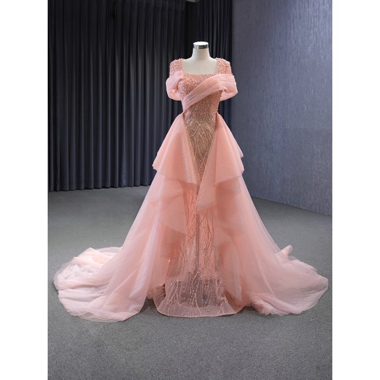 Coral Mermaid Evening Gowns Tulle Formal Prom Dresses Square Collar 2024 Women Speical Party Dress