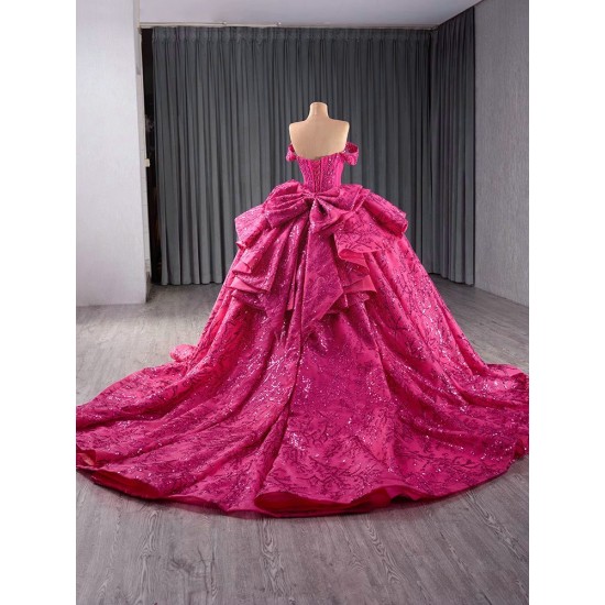 Crystal Hot Pink Quinceanera Dresses Sequin Pearl Birthday Sweet 16 Mexican Off Shoulder Vestido De 15 XV Anos With Bow