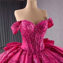 Crystal Hot Pink Quinceanera Dresses Sequin Pearl Birthday Sweet 16 Mexican Off Shoulder Vestido De 15 XV Anos With Bow