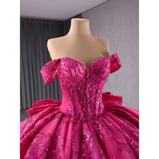 Crystal Hot Pink Quinceanera Dresses Sequin Pearl Birthday Sweet 16 Mexican Off Shoulder Vestido De 15 XV Anos With Bow