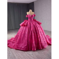 Crystal Hot Pink Quinceanera Dresses Sequin Pearl Birthday Sweet 16 Mexican Off Shoulder Vestido De 15 XV Anos With Bow