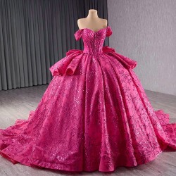 Crystal Hot Pink Quinceanera Dresses Sequin Pearl Birthday Sweet 16 Mexican Off Shoulder Vestido De 15 XV Anos With Bow