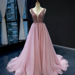 Crystal Pink Evening Dresses Women 2024 Exquisite Sleeveless Vestido De Fiesta V Neck Wedding Party Gown Formal