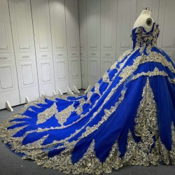 Custom Made Royal Blue Quince Dress Off Shoulder Luxury Vestidos De 15 Anos 2025 Ball Gown Princess Dress