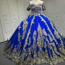 Custom Made Royal Blue Quince Dress Off Shoulder Luxury Vestidos De 15 Anos 2025 Ball Gown Princess Dress