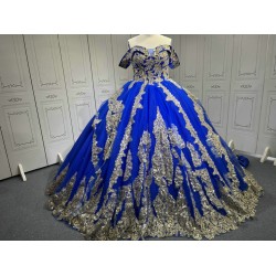 Custom Made Royal Blue Quince Dress Off Shoulder Luxury Vestidos De 15 Anos 2025 Ball Gown Princess Dress