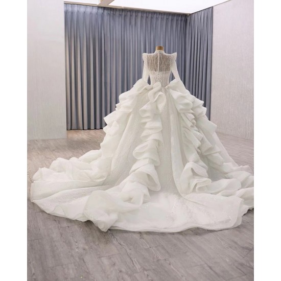 Customized Long Sleeve Wedding Dress For Glitter Crystal Women Bridal Gown High Neck Ball Gown Robe De Mariee