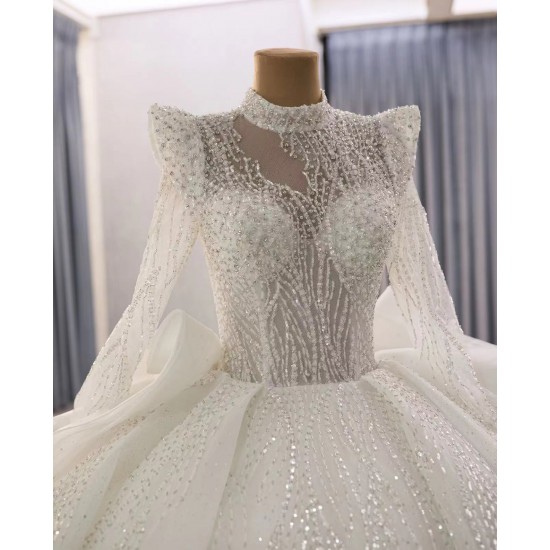 Customized Long Sleeve Wedding Dress For Glitter Crystal Women Bridal Gown High Neck Ball Gown Robe De Mariee