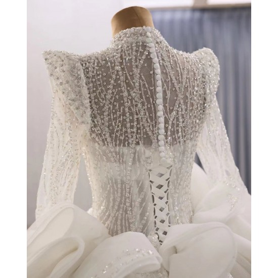 Customized Long Sleeve Wedding Dress For Glitter Crystal Women Bridal Gown High Neck Ball Gown Robe De Mariee