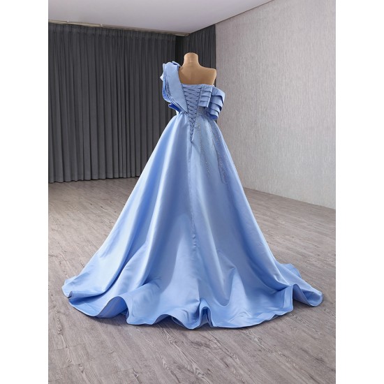 Customized A Line Evening Dress Misty Blue Color Long Prom Dresses For Women Pleated Formal Party Gowns