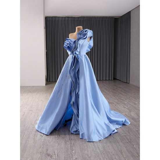 Customized A Line Evening Dress Misty Blue Color Long Prom Dresses For Women Pleated Formal Party Gowns