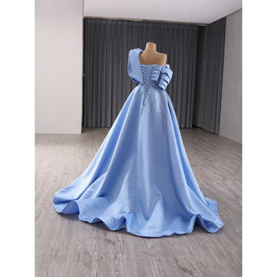 Customized A Line Evening Dress Misty Blue Color Long Prom Dresses For Women Pleated Formal Party Gowns