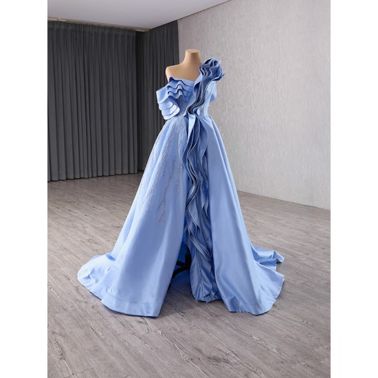 Customized A Line Evening Dress Misty Blue Color Long Prom Dresses For Women Pleated Formal Party Gowns