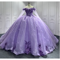 Customized Appliques Princess Lavender Quinceanera Dresses 2024 Cape Sleeves Ball Gown Party Dress For Sweet 15 16