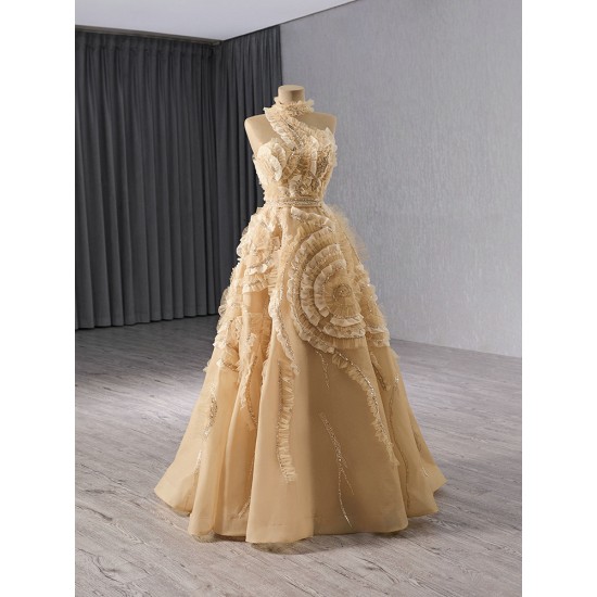 Customized Gold Prom Dresses Halter Neck A Line Formal Party Gowns Floor Length Evening Dress