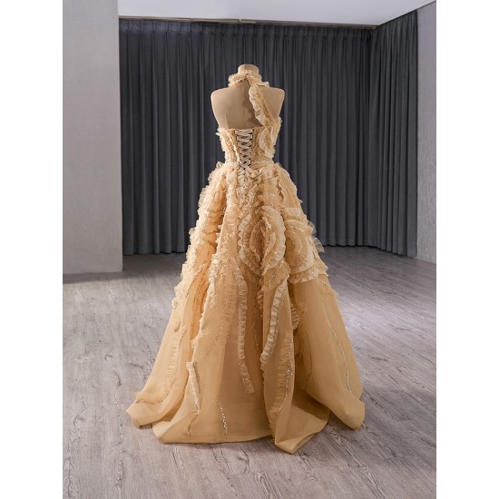 Customized Gold Prom Dresses Halter Neck A Line Formal Party Gowns Floor Length Evening Dress