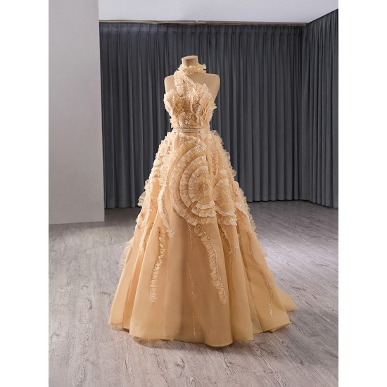 Customized Gold Prom Dresses Halter Neck A Line Formal Party Gowns Floor Length Evening Dress