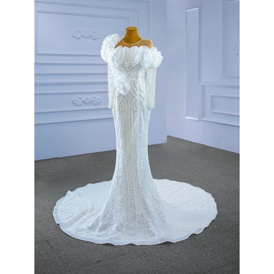 Customized Pearl Mermaid Long Sleeve Wedding Dress 3D Flowers Bridal Gowns For Women Vestidos