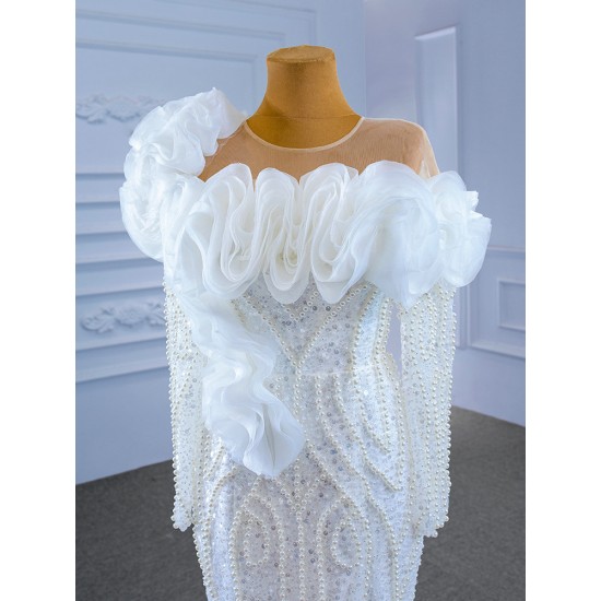 Customized Pearl Mermaid Long Sleeve Wedding Dress 3D Flowers Bridal Gowns For Women Vestidos