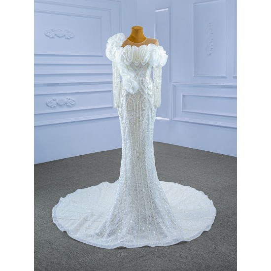 Customized Pearl Mermaid Long Sleeve Wedding Dress 3D Flowers Bridal Gowns For Women Vestidos