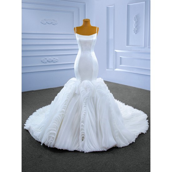 Customized White Wedding Dresses Ruffled White Bride Dresses Spaghetti Strap Formal Wedding Gowns