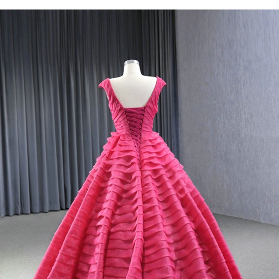 Detachable Sleeve Hot Pink Women Prom Party Dresses Tiered Special Party Gowns