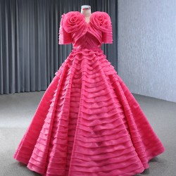 Detachable Sleeve Hot Pink Women Prom Party Dresses Tiered Special Party Gowns